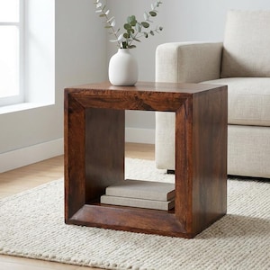 Solid Mango Wood Open Cube Side Table – California Walnut Finish