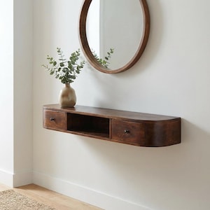 Handcrafted Mango Wood Wall-Mounted Console Table: Chestnut Finish