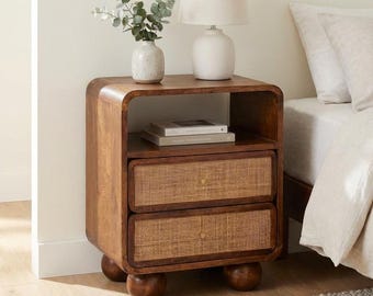 Solid Wood Rounded Nightstand with Drawer – Chestnut, California Walnut Finish | US Stock