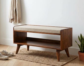 Mango Wood Storage Bench with Linen Seat: Nordic Shoe Rack