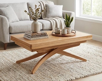 Mesa de centro de madera maciza de haya con altura regulable – Mesa rectangular transformable 3 en 1 con tapa elevable