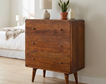 Mid Century Mango Wood Dresser: 3-Drawer Bedroom Storage Chest