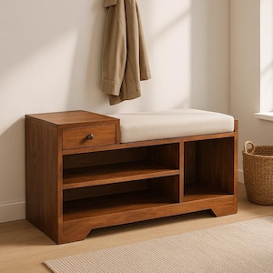 Rustic Chestnut Shoe Storage Bench with Drawer, Cushion & Shelves