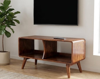 Curved Solid Mango Wood Media Unit – Chestnut TV Stand, Nordic Style Storage | US Stock
