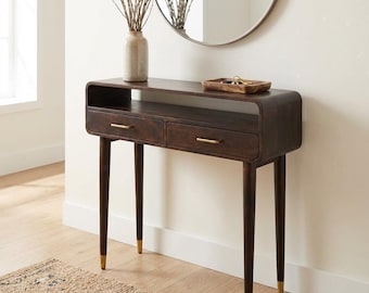 Solid Mango Wood Console Table: Modern Design with Brass Accents