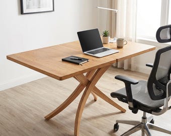 Escritorio de madera maciza de haya con altura regulable – Mesa rectangular transformable 3 en 1 con tapa elevable