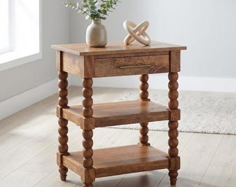 Solid Wood End Table with Barley Twist Legs – Golden Teak / Acid Wash Finish