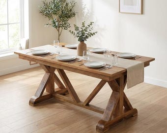 Handcrafted Solid Mango Wood Dining Table with Trestle Base – Natural Farmhouse Style