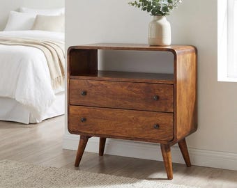 Solid Mango Wood Dresser with 2 Drawers & Open Shelf – Chestnut Nordic Style
