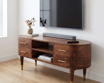 Solid Mango Wood Curved TV Stand with Brass Details – Winewood Oak Finish | US Stock