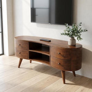 Solid Mango Wood Wave TV Stand: 4-Drawer Media Console, Nordic Legs