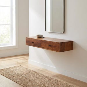 Wall-Mounted Console Table: Solid Mango Wood, 2 Drawers