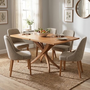 Op de afbeelding: Een rechthoekige lichtbruine houten eettafel met een opvallend kruispootonderstel, vergezeld door vier gestoffeerde lichtgrijze stoelen. Een witte kom gevuld met diverse vruchten staat in het midden van de tafel, die gedekt is met borden.