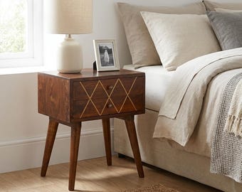 Mango Wood Nightstand with Brass Inlay - Floral Accent Bedside Table