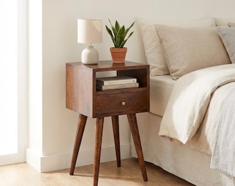 Handcrafted Mango Wood Nightstand: Nordic Style Bedside Table with Shelf