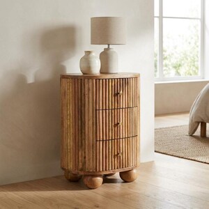 Wooden Nightstand: Solid Mango with Brass Knobs (3 Drawers) | Canada Stock