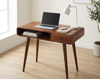 Writing Desk: Solid Mango Wood, Curved Edges - Drawer & Shelf