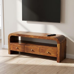 Curved Solid Mango Wood TV Stand with Drawers – Chestnut Media Console Table