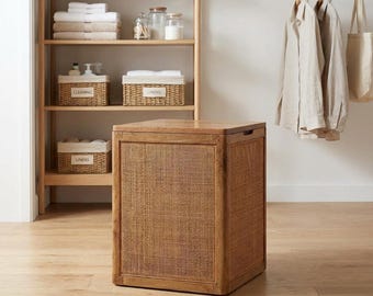 Mango Wood Storage Box with Woven Rattan Panel – Compact Rustic Organizer