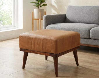 Tan Buffalo Leather Footstool with Solid Mango Wood Base and Nordic Style Legs