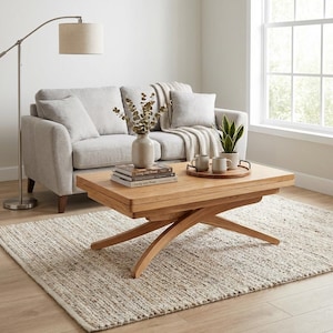 Op de afbeelding: Een salontafel van licht hout met een rechthoekig blad en gekruiste poten, voorzien van een stapel boeken, een textuurrijke vaas met eucalyptus takken en een rond houten dienblad met twee keramische mokken en een kleine plant.