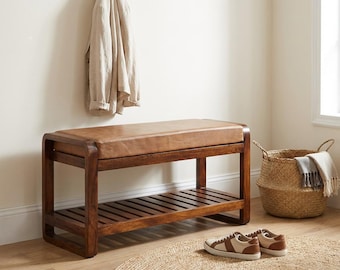 Leather Seat Bench: Mango Wood Hallway Furniture (Small with Shelf)