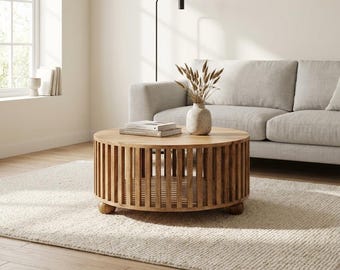 Solid Mango Wood Coffee Table - Round with Slatted Open Base