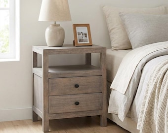 Solid Wood Nightstand Table with 2 Drawers & Open Shelf – Acid Wash Finish