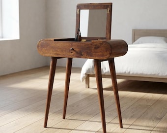 Handcrafted Mango Wood Foldable Vanity: Small Chestnut Dressing Table | US Stock