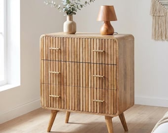 Solid Mango Wood Dresser, Ridged Front, Brass Handles (3 Drawers)