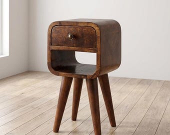 Small Mango Wood Nightstand, Chestnut Finish (Drawer & Open Shelf) | Canada Stock