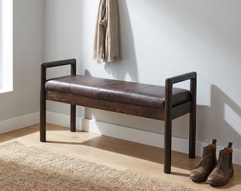 Handcrafted Wood Bench, Black Leather Seat (Entryway or Bedroom)