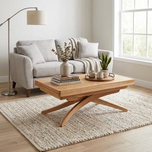 May include: A light wood lift-top coffee table with a rectangular surface and curved legs. The table holds a stack of three books, a textured ceramic vase with eucalyptus branches, and a wooden tray with two ceramic mugs and a small potted plant.