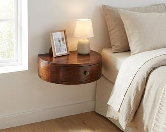 Floating Mango Wood Nightstand: Wall Mounted Bedside Table