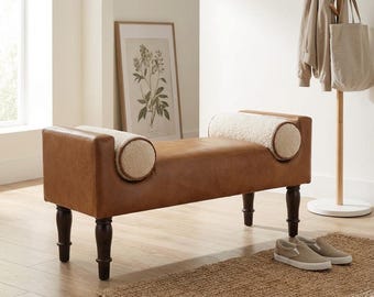 Buffalo Leather Bench: Handcrafted Mango Wood Seating (With Cushions)