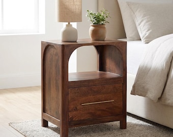 Handcrafted Wood Nightstand - Arch Design with Brass Handle