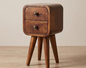 Handcrafted Mango Wood Nightstand, Curved Edges (2 Drawers, Chestnut) | Canada Stock