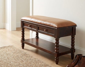 Entryway Bench with Storage: Solid Wood, Upholstered Seat - Drawers & Shelf