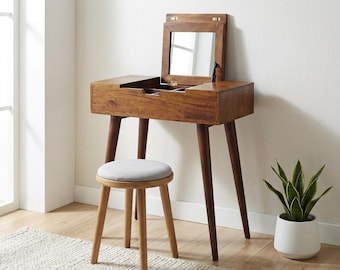 Dressing Table: Compact Mango Wood - Foldable Mirror, Nordic Legs | US Stock
