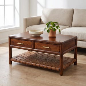 Woven Chestnut Coffee Table with 4 Drawers & Braided Shelf