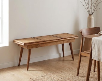 Solid Wood Cane Dining Room Bench – Mango Finish, 3-Seater