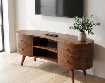 Mobile TV Wave in legno massello di mango: consolle multimediale a 4 cassetti, gambe in stile nordico / Disponibile in magazzino UE