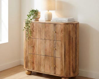Handcrafted Solid Mango Wood Dresser: Natural Finish, Brass Knobs