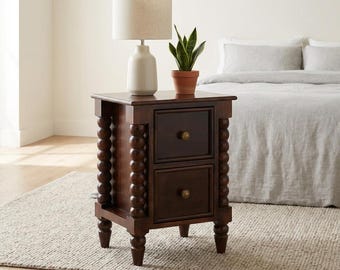 Wood Nightstand with Drawers - Turned Legs, Winewood or Amber Oak