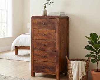 Solid Mango Wood 5-Drawer Dresser: Nordic Style Chest, Chestnut Finish