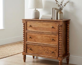 Solid Mango Wood Dresser - 3 Drawers with Turned Spindle Legs