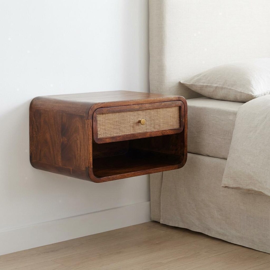 Solid Mango Wood Floating Nightstand: Wall-mounted Bedside Table With ...