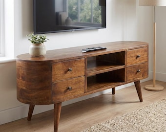 Handcrafted Solid Mango Wood Entertainment Unit: Mid-Century Modern TV Stand | US Stock