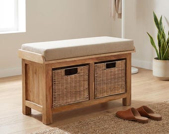 Rattan Basket Linen Storage Bench with Cushion
