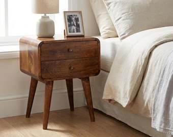 Rounded Wood Nightstand: Solid Mango, 1 Drawer, Open Shelf | Canada Stock